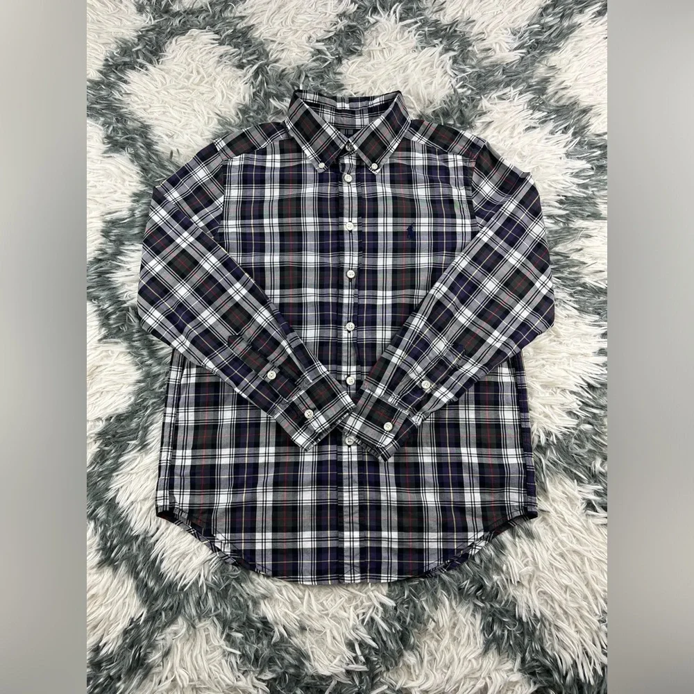 Ralph Lauren Kids Boys Purple Black Plaid Long Sleeve Button Up Shirt Size M